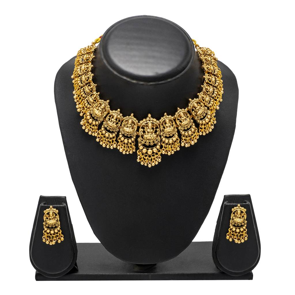 Antique Matte Gold Plated Temple Laxmi Coin Jewellery Set With Pearl Drop Cluster For Women-Sjn_330 : SJN_330