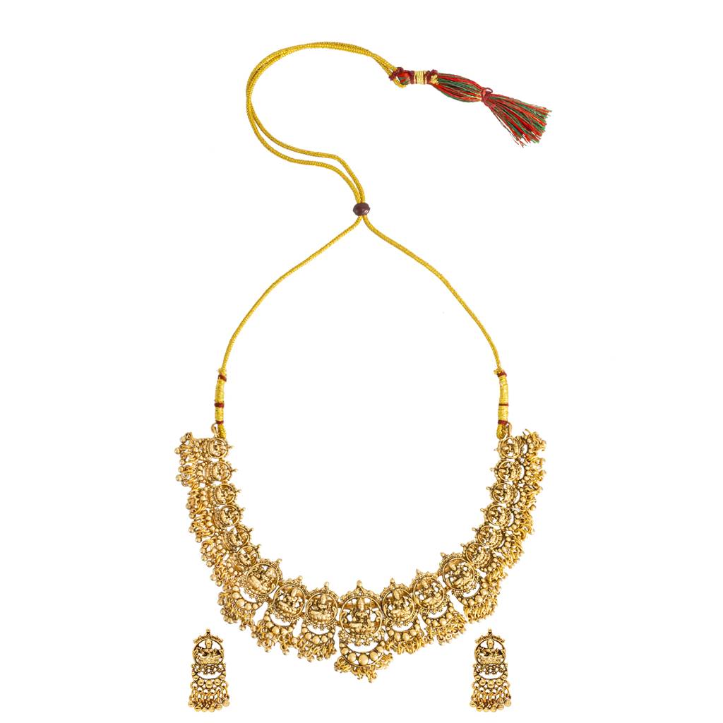Antique Matte Gold Plated Temple Laxmi Coin Jewellery Set With Pearl Drop Cluster For Women-Sjn_330 : SJN_330