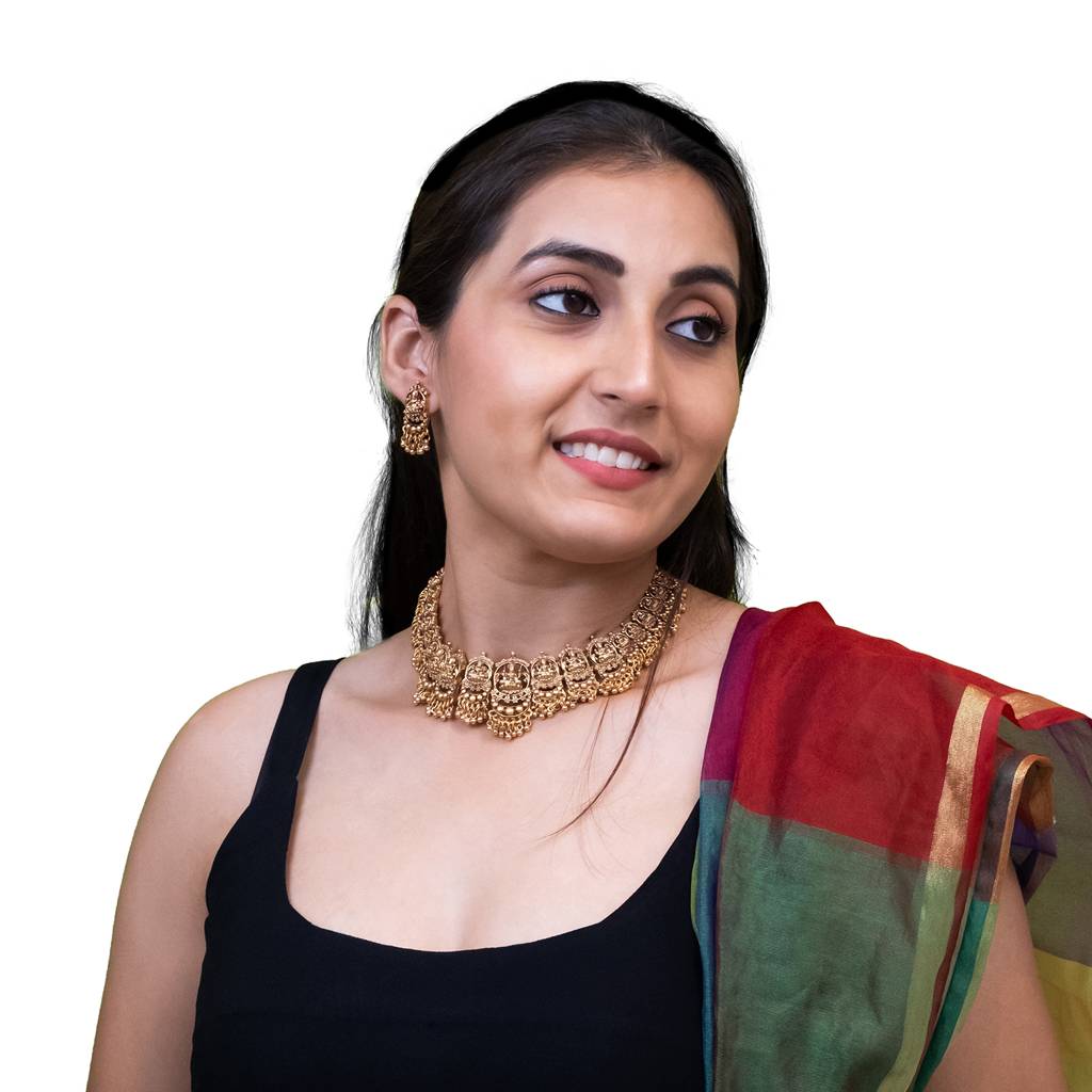 Antique Matte Gold Plated Temple Laxmi Coin Jewellery Set With Pearl Drop Cluster For Women-Sjn_330 : SJN_330