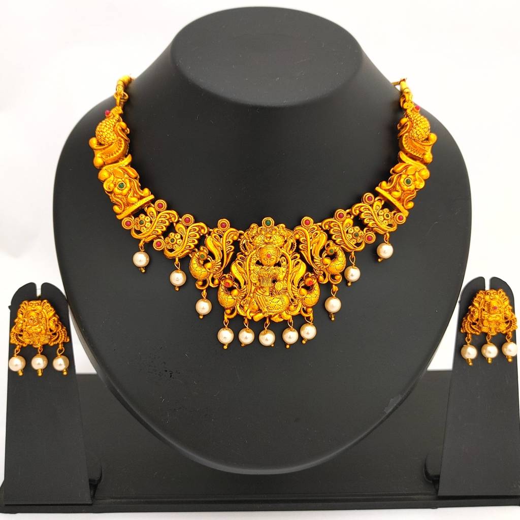 Estele Gold Plated Lakshmi Ji Nakshi Temple Necklace Set With Crystals & Pearls For Women : OS-5143-MEHNKER
