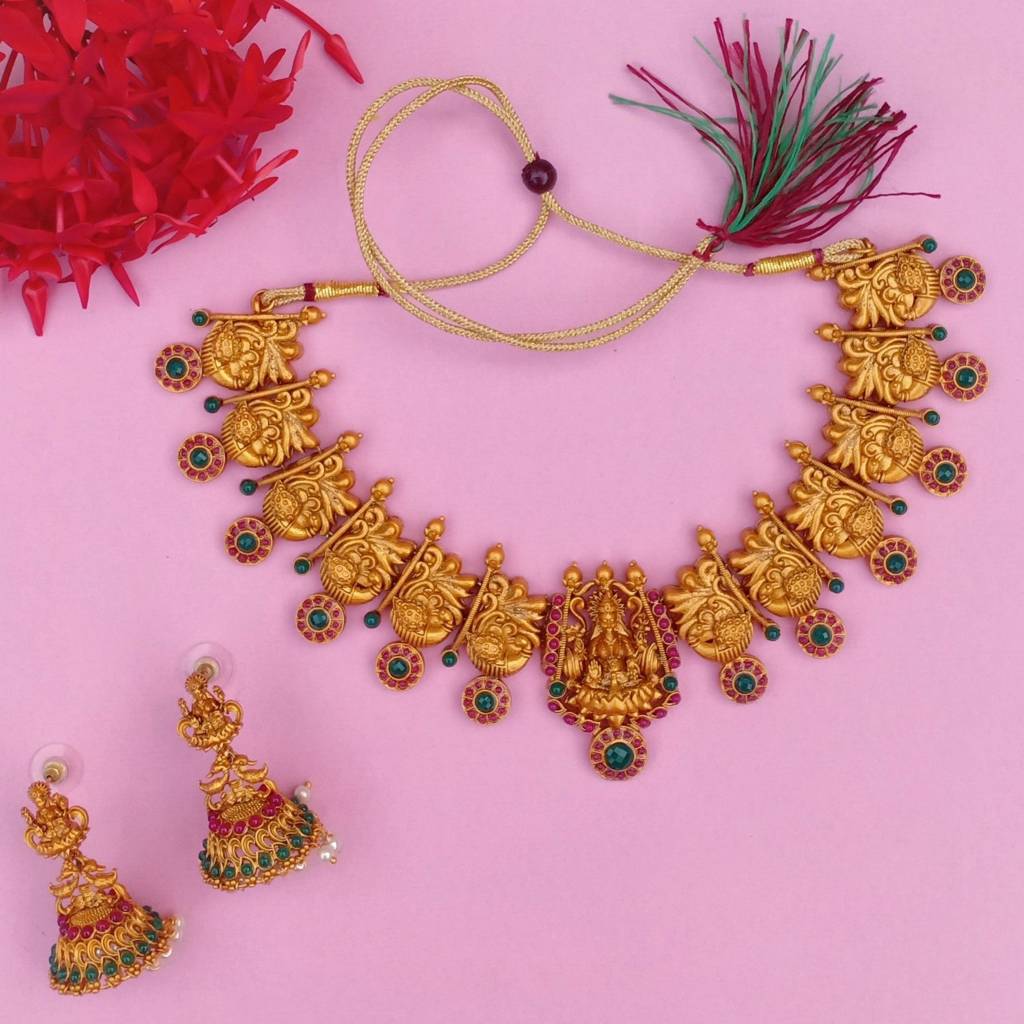 Estele Gold Plated Divinely Crafted Lakshmi Ji Temple Necklace Set With Crystals And Pearl : OS-5161-MEHNKER
