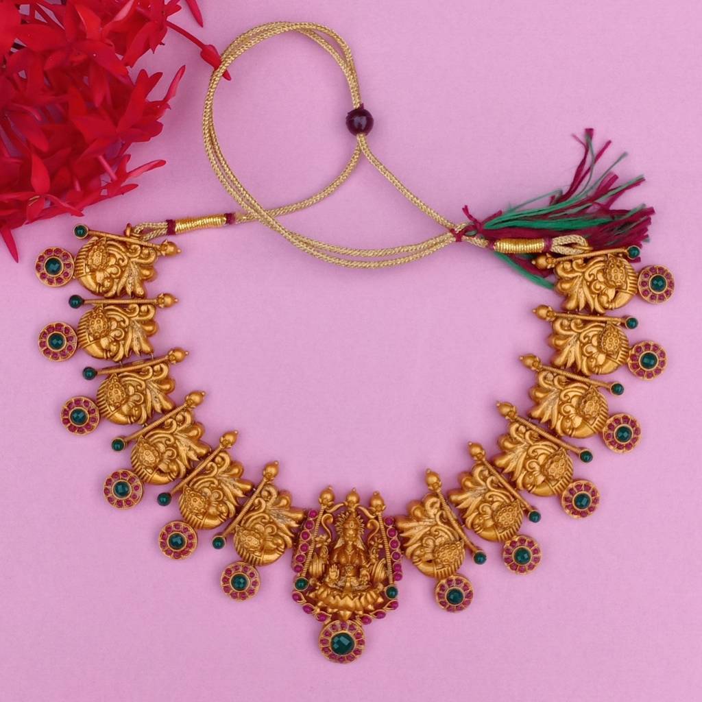 Estele Gold Plated Divinely Crafted Lakshmi Ji Temple Necklace Set With Crystals And Pearl : OS-5161-MEHNKER