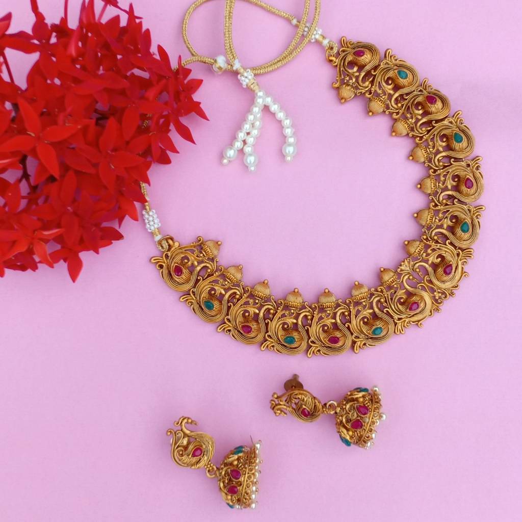 Estele Gold Plated Holy Swan Nakshi Temple Necklace Set With Crystals And Pearls For Women : OS-HR11-MEHNKER