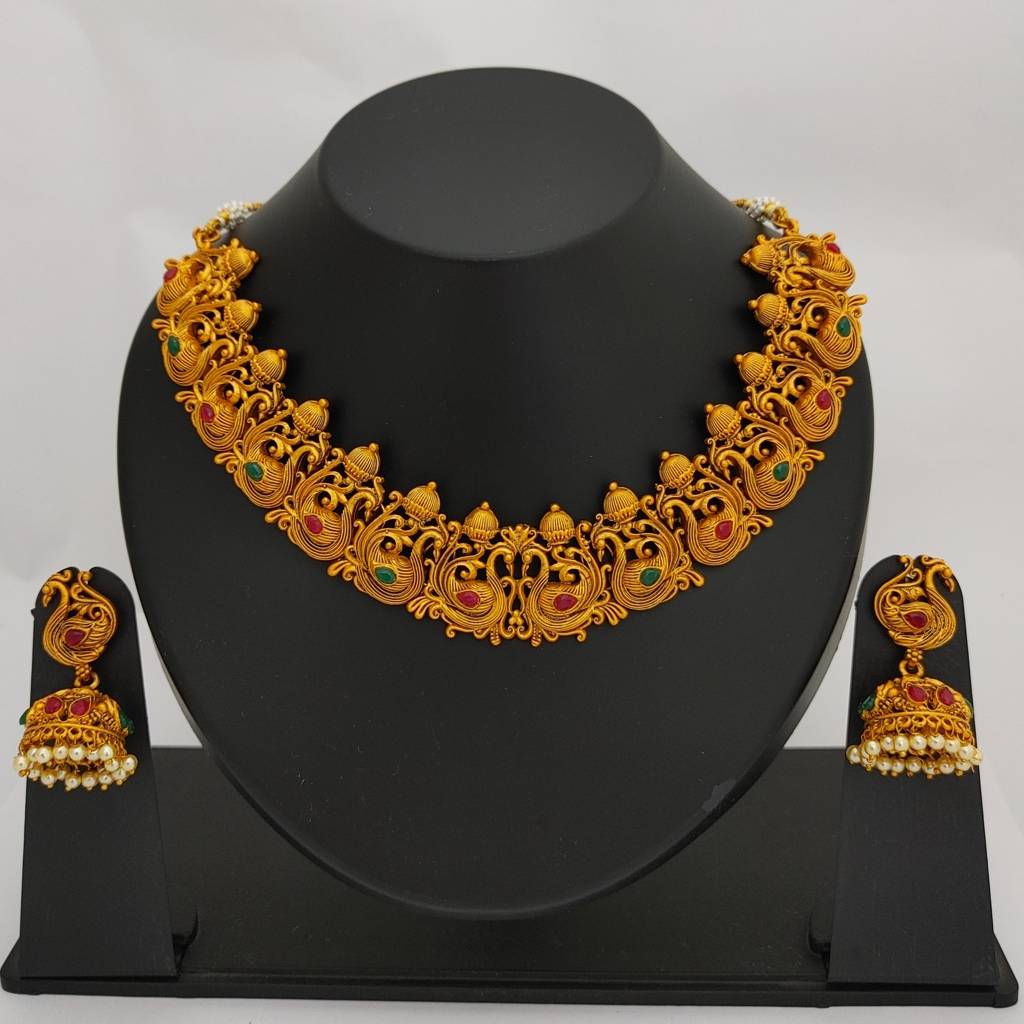 Estele Gold Plated Holy Swan Nakshi Temple Necklace Set With Crystals And Pearls For Women : OS-HR11-MEHNKER