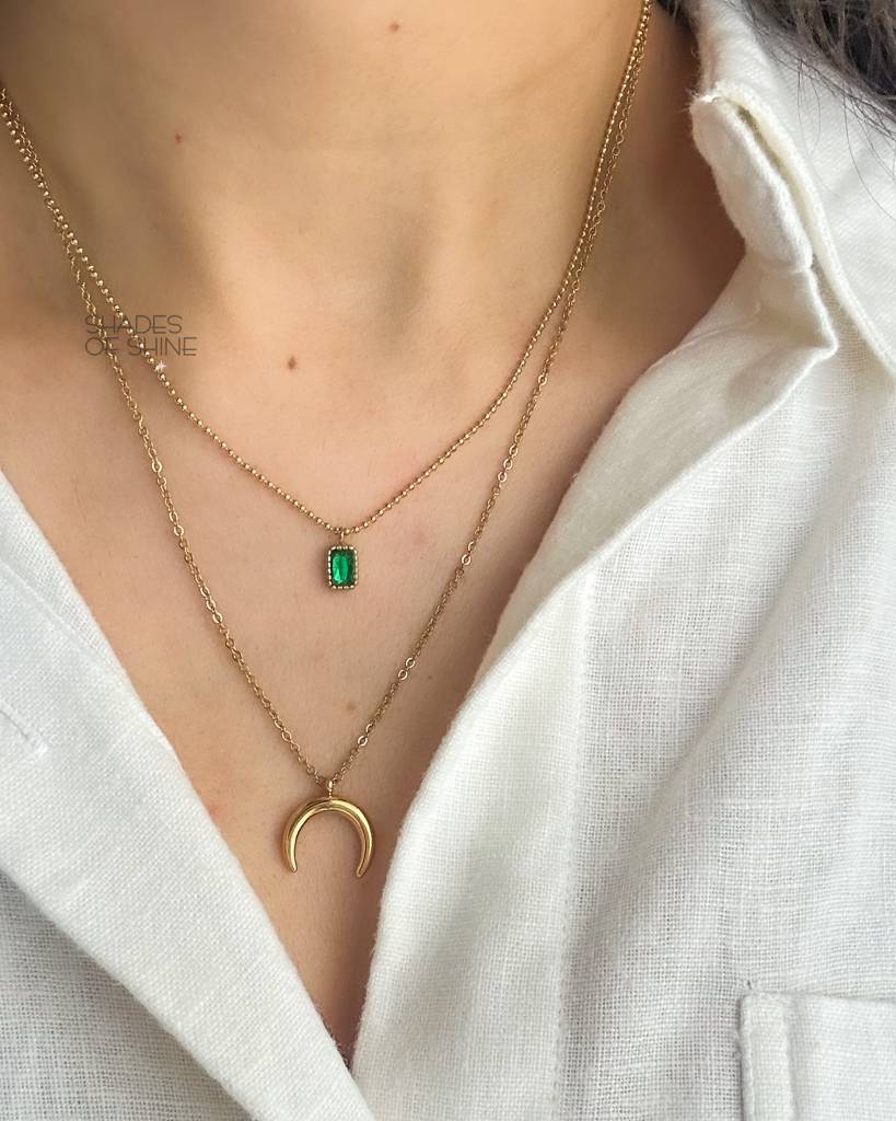 Gold Plated Stainless Steel Emerald Moon Layered Necklace : (S)N-EM-1-0