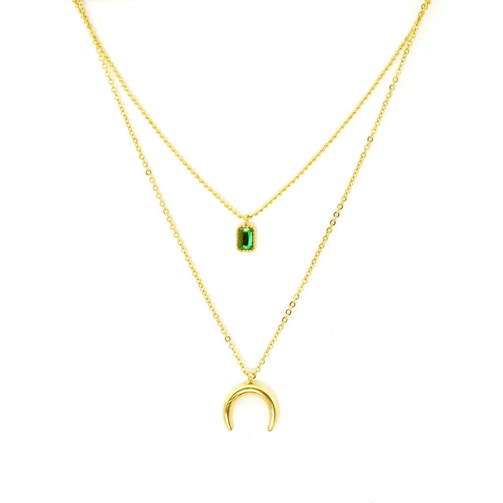 Gold Plated Stainless Steel Emerald Moon Layered Necklace : (S)N-EM-1-0