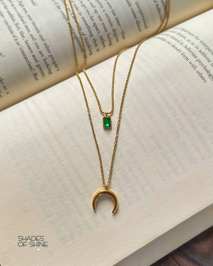 Gold Plated Stainless Steel Emerald Moon Layered Necklace : (S)N-EM-1-0