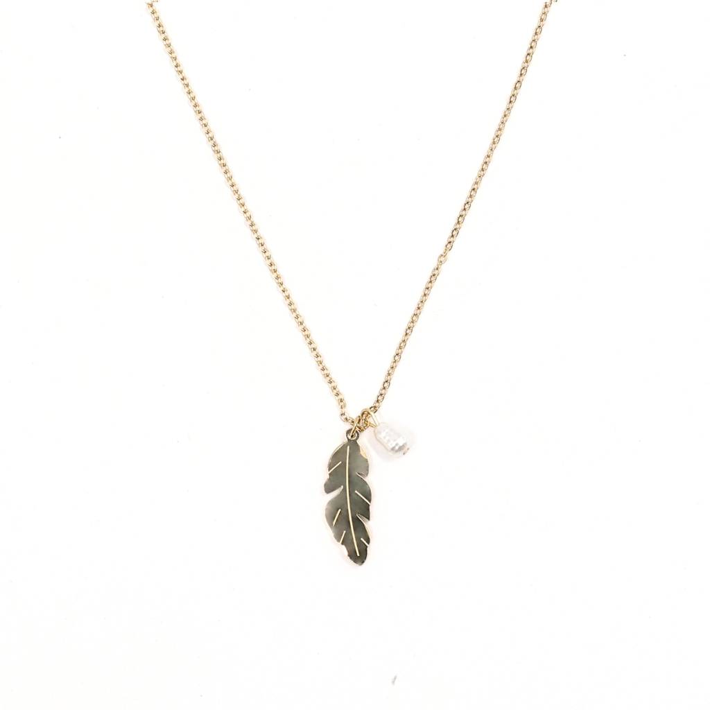 Gold Plated Stainless Steel Leaf Pearl Necklace : (S)N-P-3-0