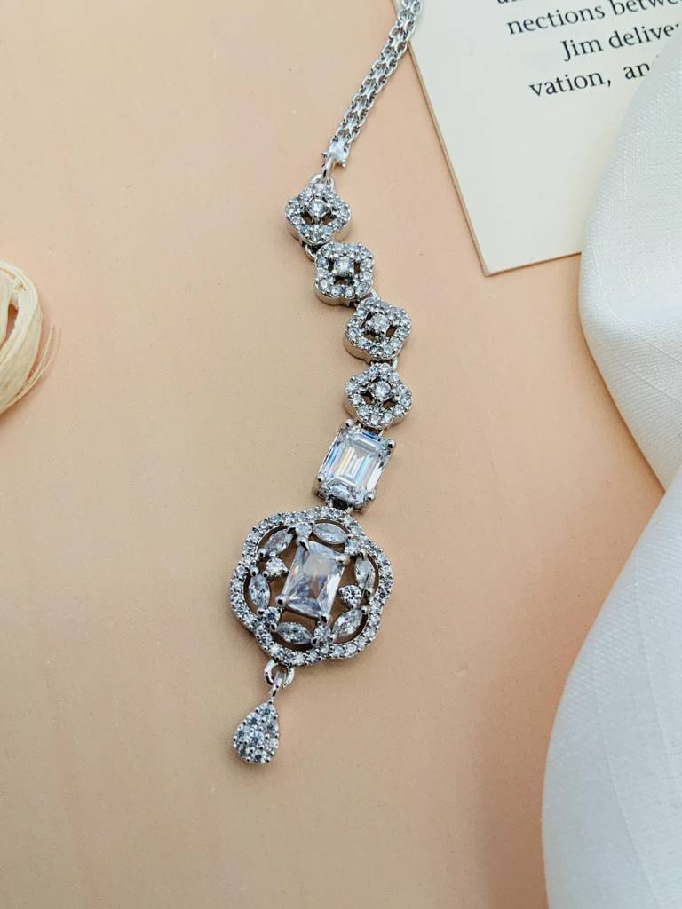 Premium Silver Plated American Diamond Maangtikka : SPADDMMG01White