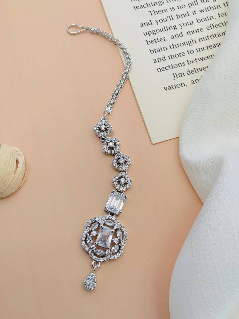 Premium Silver Plated American Diamond Maangtikka : SPADDMMG01White