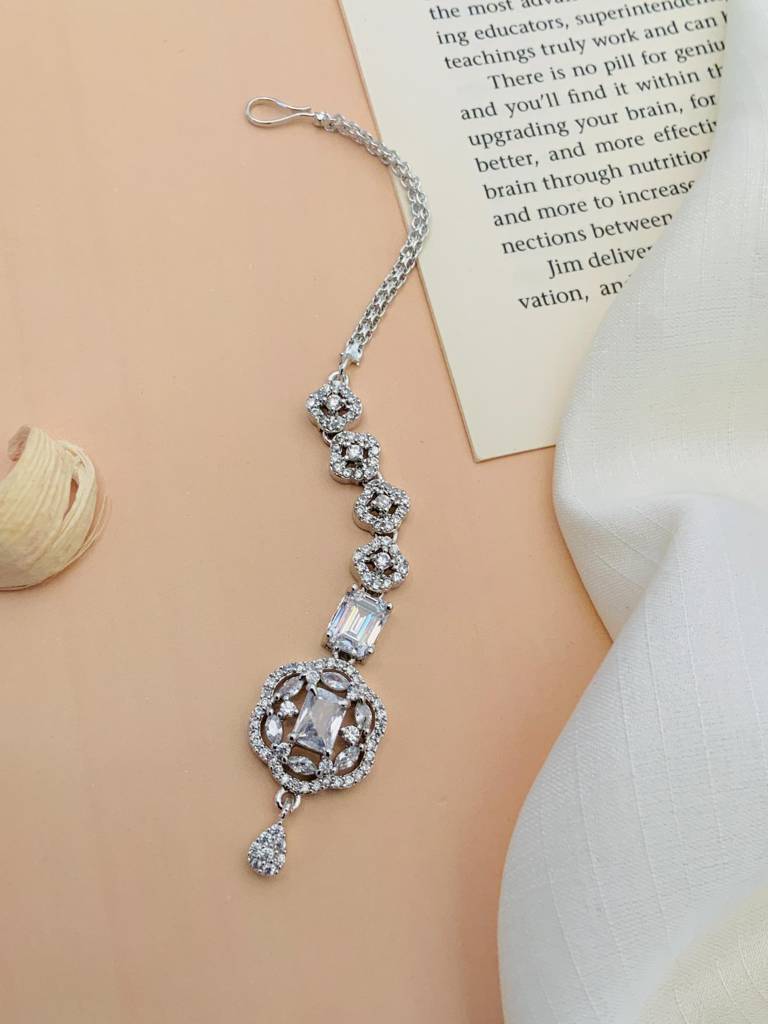 Premium Silver Plated American Diamond Maangtikka : SPADDMMG01White