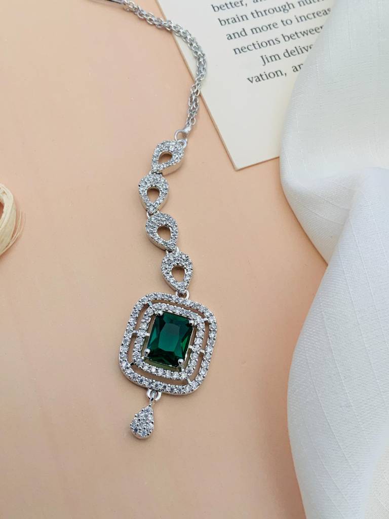 Unique Silver Plated American Diamond Maangtikka : SPADDMMG04Green