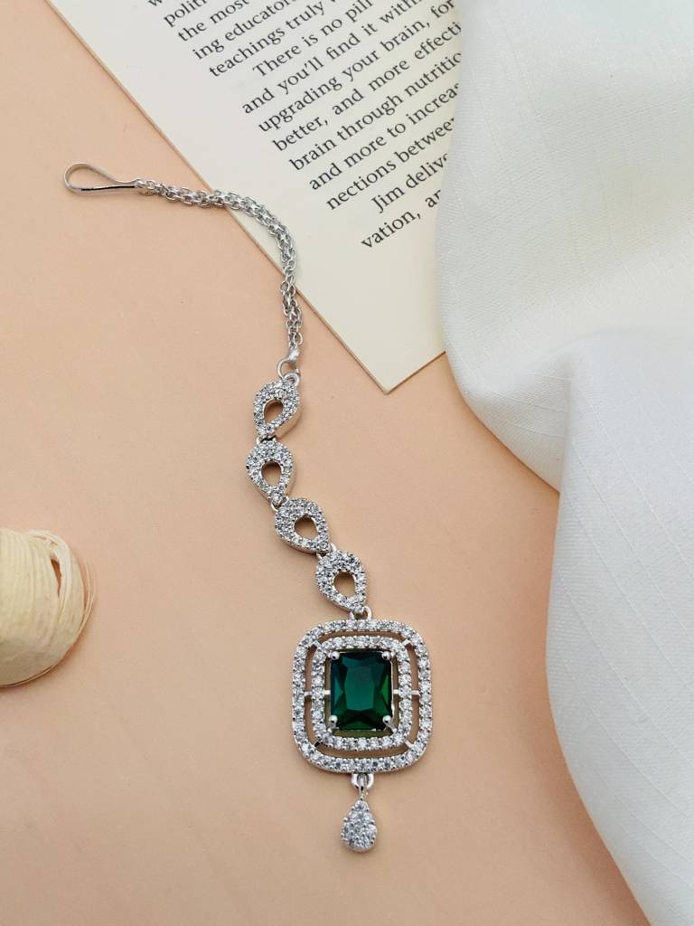 Unique Silver Plated American Diamond Maangtikka : SPADDMMG04Green