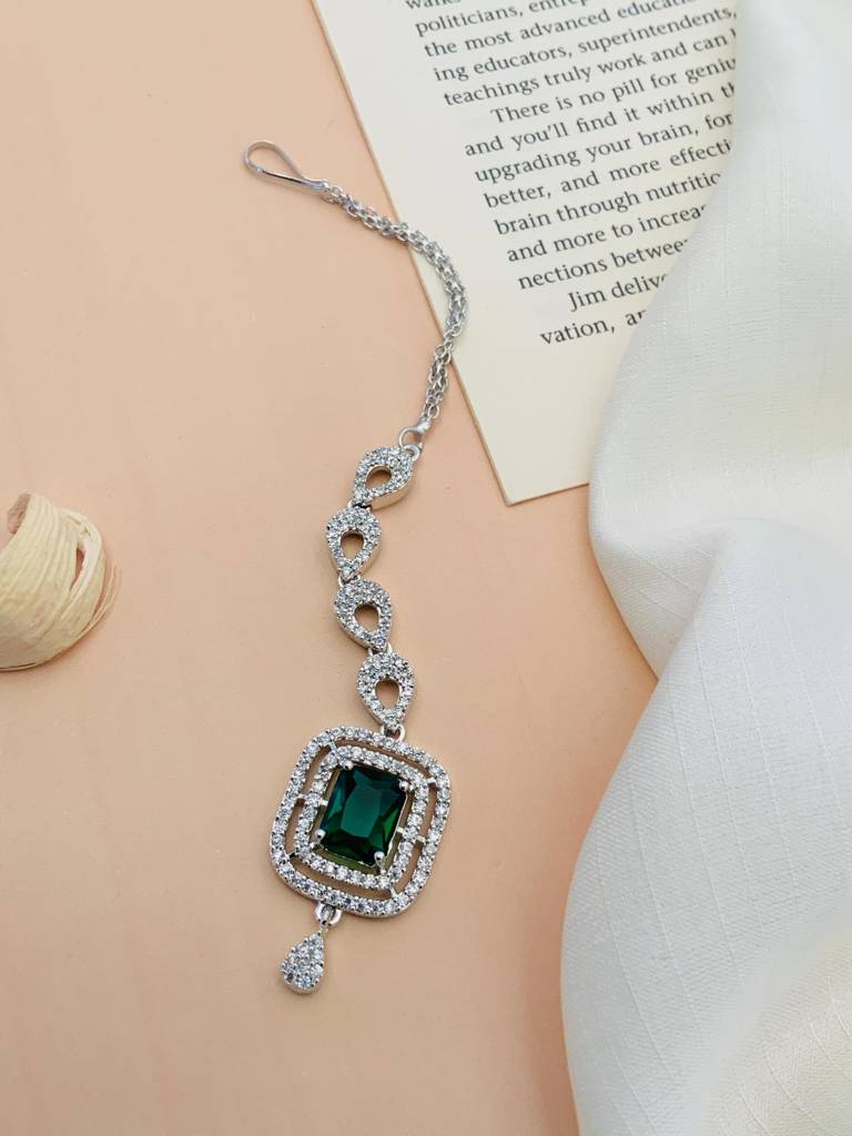 Unique Silver Plated American Diamond Maangtikka : SPADDMMG04Green