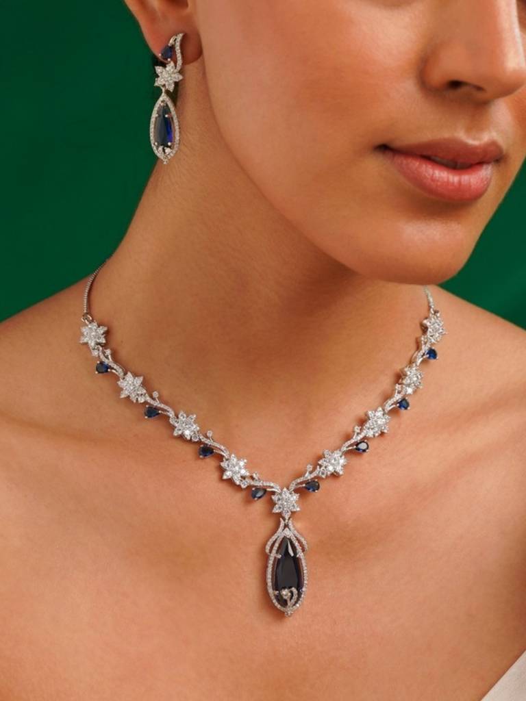Sophisticated Silver Plated American Diamond Necklace-Spaddmnc07Bluer01 : SPADDMNC07BlueR01