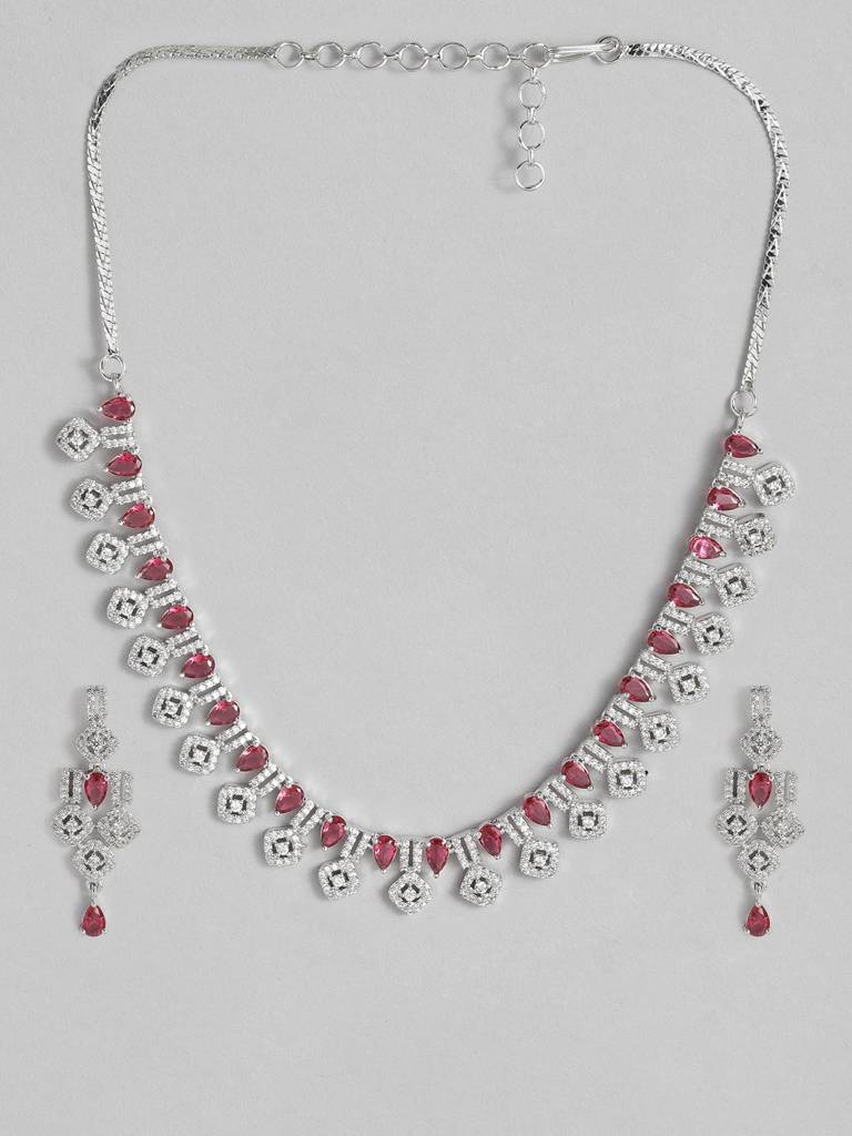 Luxury Silver Necklace Set With Intricate American Diamond Details : SPADDMNC12Red