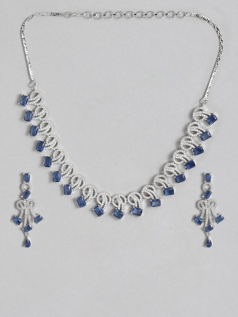 Trendy Silver Necklace Set Studded With American Diamonds : SPADDMNC14Blue
