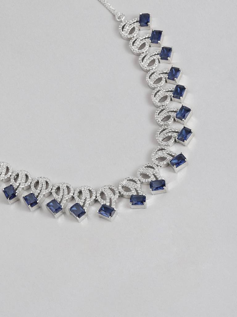 Trendy Silver Necklace Set Studded With American Diamonds : SPADDMNC14Blue