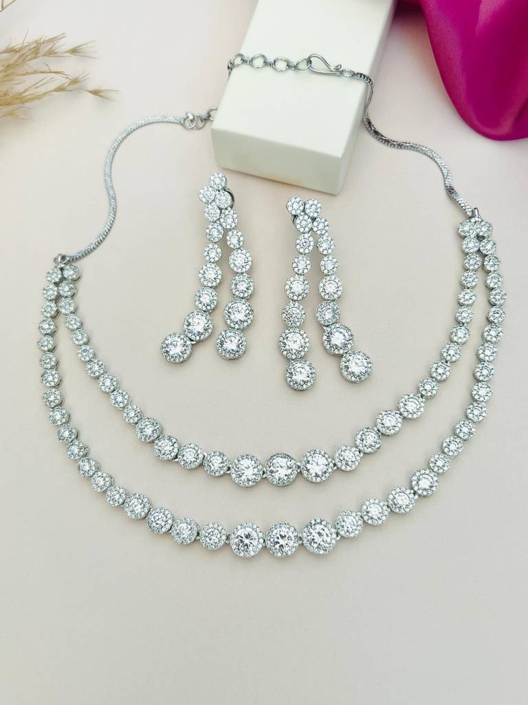 Sophisticated Silver Plated American Diamond Necklace-Spaddmnc20R01 : SPADDMNC20R01