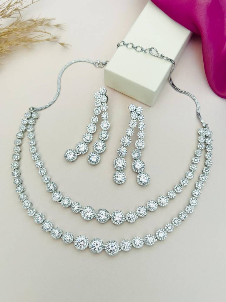 Sophisticated Silver Plated American Diamond Necklace-Spaddmnc20R01 : SPADDMNC20R01