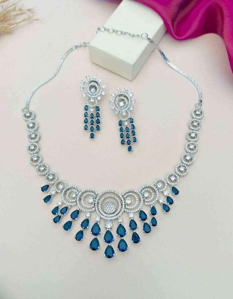 Sophisticated Silver Plated American Diamond Necklace-Spaddmnc32Bluer03 : SPADDMNC32BlueR03