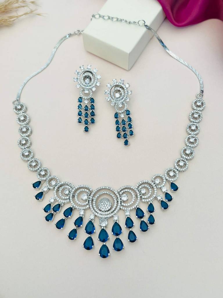 Sophisticated Silver Plated American Diamond Necklace-Spaddmnc32Bluer03 : SPADDMNC32BlueR03