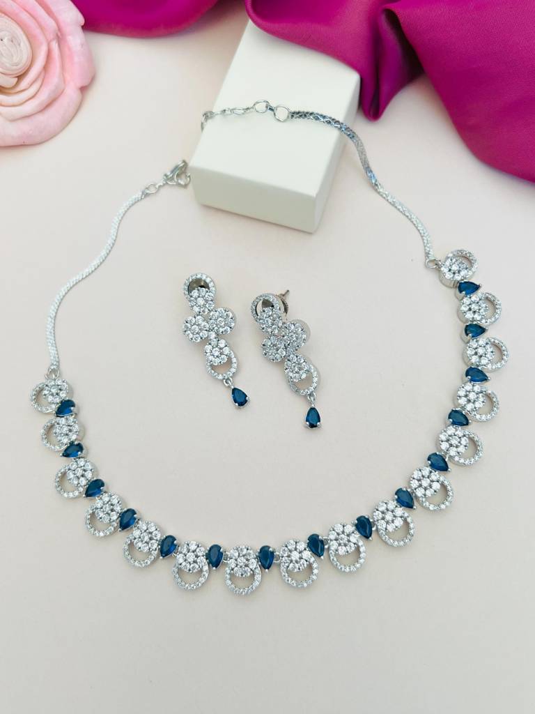 Sophisticated Silver Plated American Diamond Necklace-Spaddmnc36Bluer02 : SPADDMNC36BlueR02