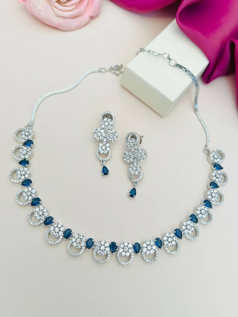 Sophisticated Silver Plated American Diamond Necklace-Spaddmnc36Bluer02 : SPADDMNC36BlueR02