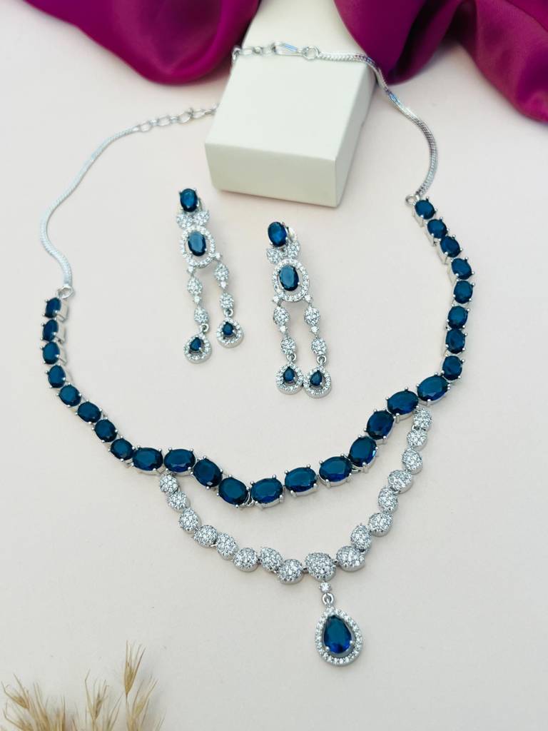 Sophisticated Silver Plated American Diamond Necklace-Spaddmnc40Bluer03 : SPADDMNC40BlueR03