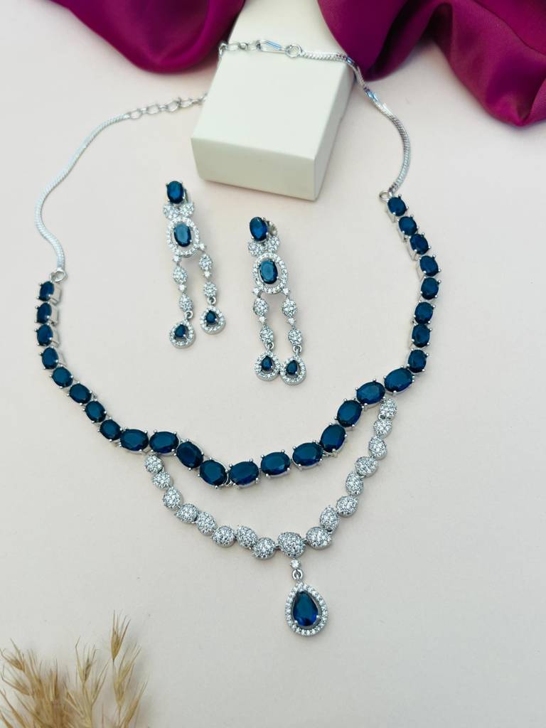 Sophisticated Silver Plated American Diamond Necklace-Spaddmnc40Bluer03 : SPADDMNC40BlueR03