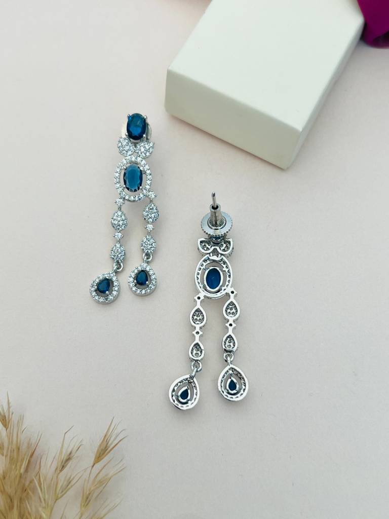 Sophisticated Silver Plated American Diamond Necklace-Spaddmnc40Bluer03 : SPADDMNC40BlueR03