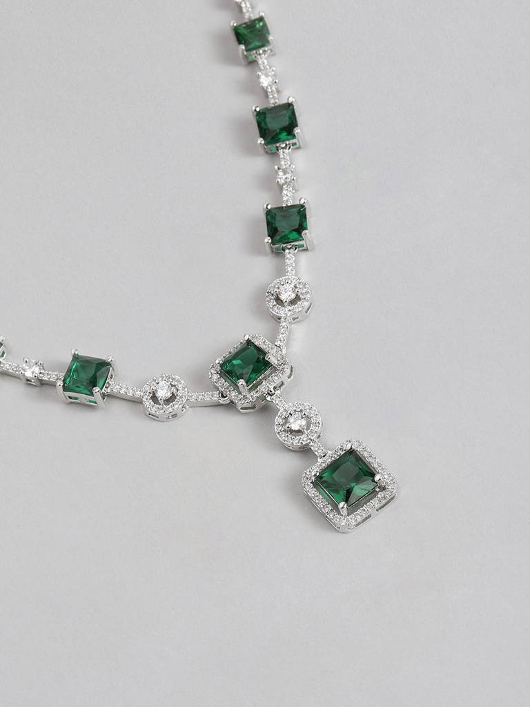 Stylish Silver Necklace Set Studded With Sparkling American Diamonds : SPADNCFireGreen
