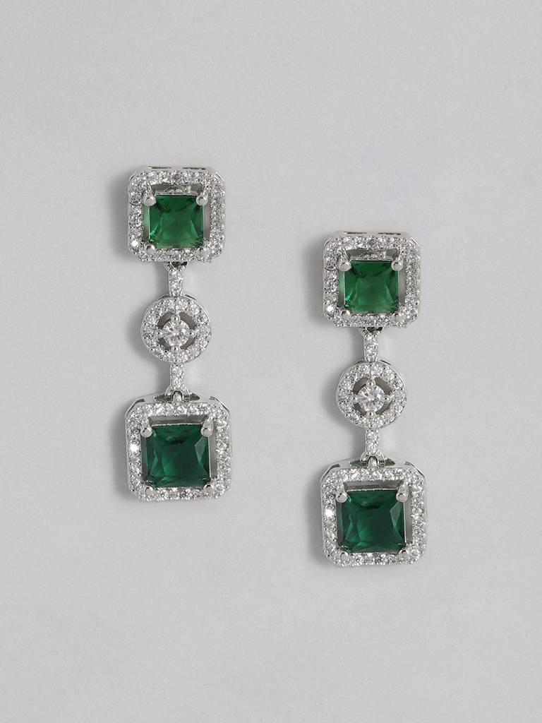 Stylish Silver Necklace Set Studded With Sparkling American Diamonds : SPADNCFireGreen