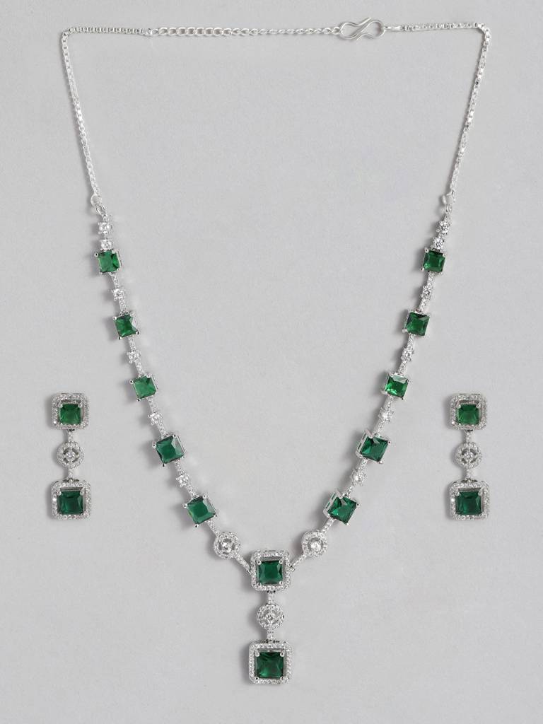 Stylish Silver Necklace Set Studded With Sparkling American Diamonds : SPADNCFireGreen
