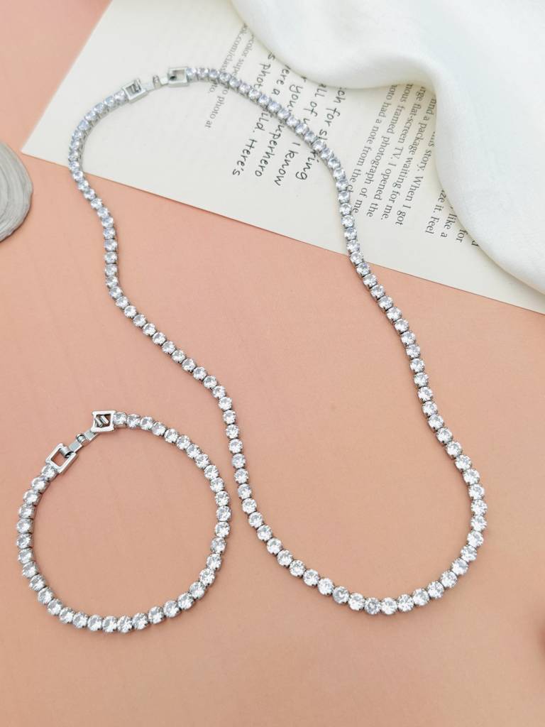 Elegant Silver Plated American Diamond Chain & Bracelet Combo-Spadpjmbrct&Chncmb01R02 : SPADPJMBrctChnCmb01R02