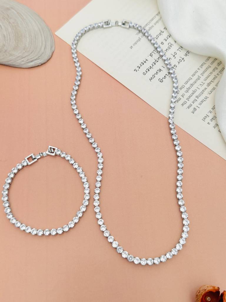 Elegant Silver Plated American Diamond Chain & Bracelet Combo-Spadpjmbrct&Chncmb01R02 : SPADPJMBrctChnCmb01R02