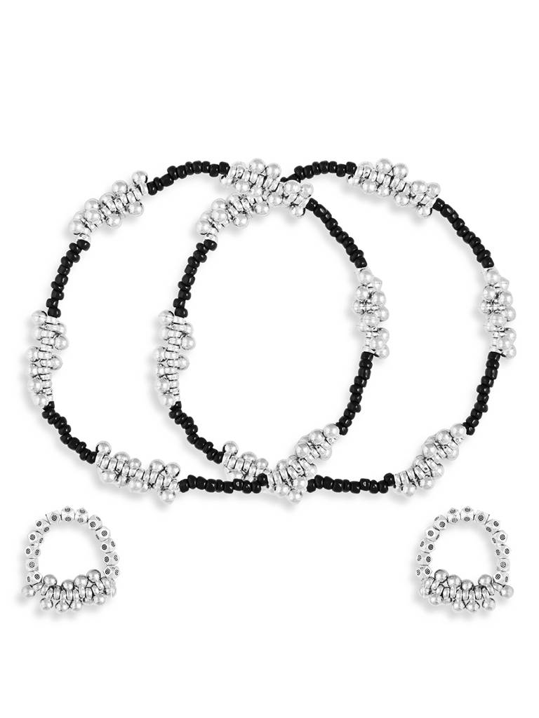 Dailywear Silver Silent Gungru Oxodised Anklet Toe Ring Combo : SPATGungru2A2TRCombo