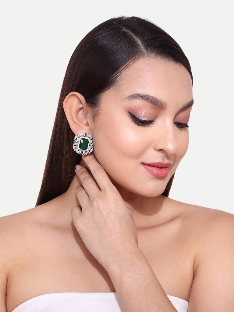 Silver Plated Emerald American Diamond Stud : SPEarringKiara
