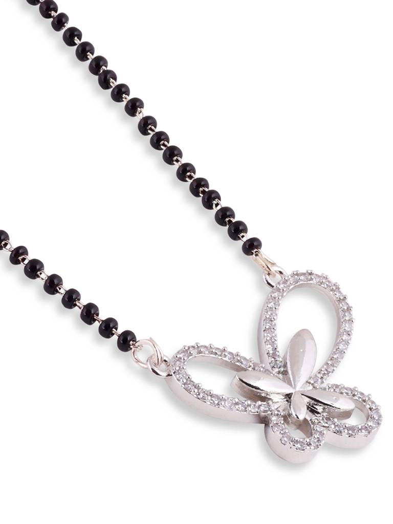 Butterfly Silver Plated Black Beaded American Diamond Mangalsutra : SPMS18SFly