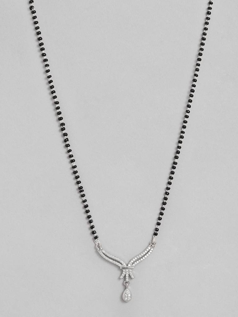 Minimal Silver Plated American Diamond & Black Beaded Mangalsutra : SPMS18SKanak