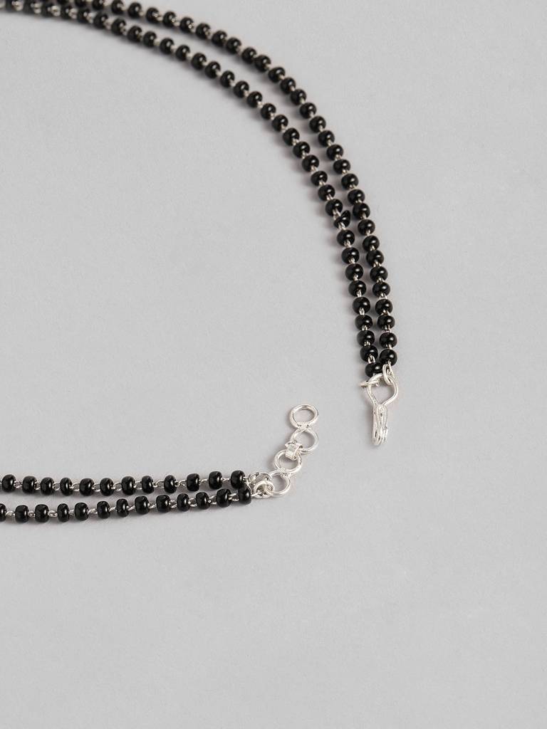 Long Silver Plated Studded Diamond Black Beaded Mangalsutra : SPMS30DWhite