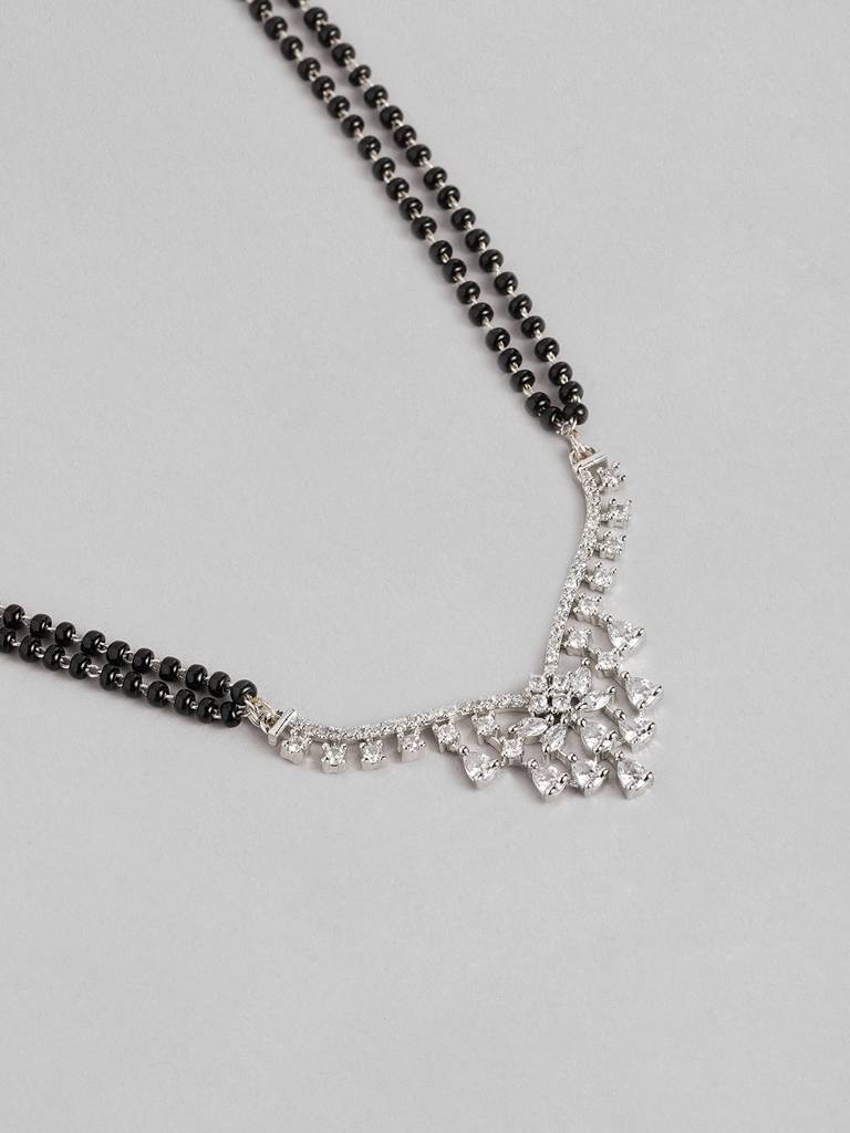 Long Silver Plated Studded Diamond Black Beaded Mangalsutra : SPMS30DWhite