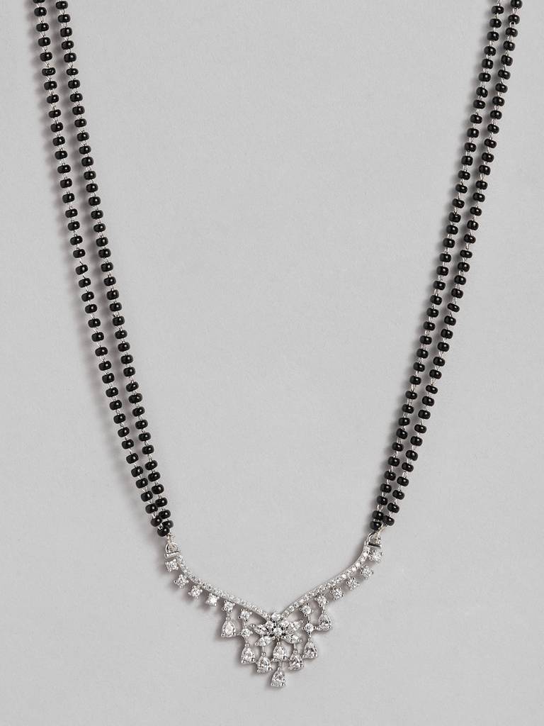 Long Silver Plated Studded Diamond Black Beaded Mangalsutra : SPMS30DWhite