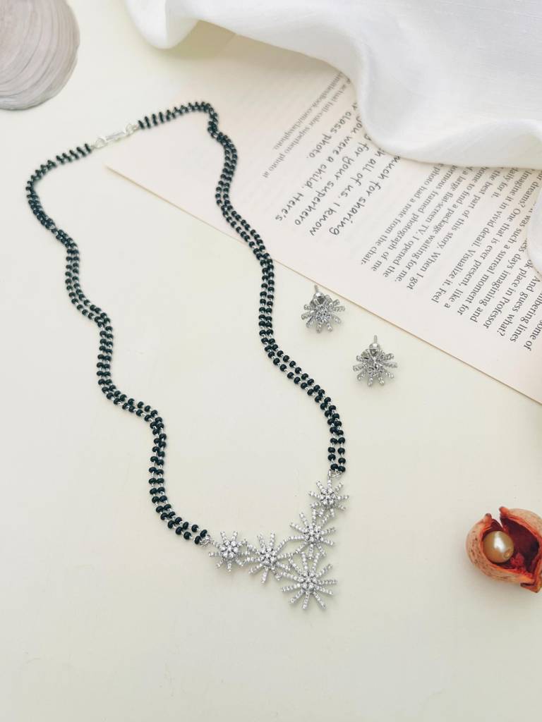 Silver Plated American Diamond Studded & Beaded Mangalsutra Set-Sppjmms18Dastror01 : SPPJMMS18DAstroR01