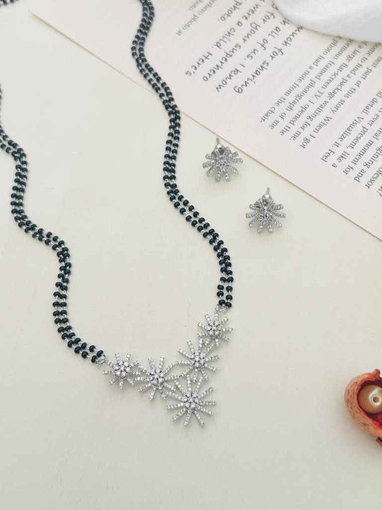 Silver Plated American Diamond Studded & Beaded Mangalsutra Set-Sppjmms18Dastror01 : SPPJMMS18DAstroR01