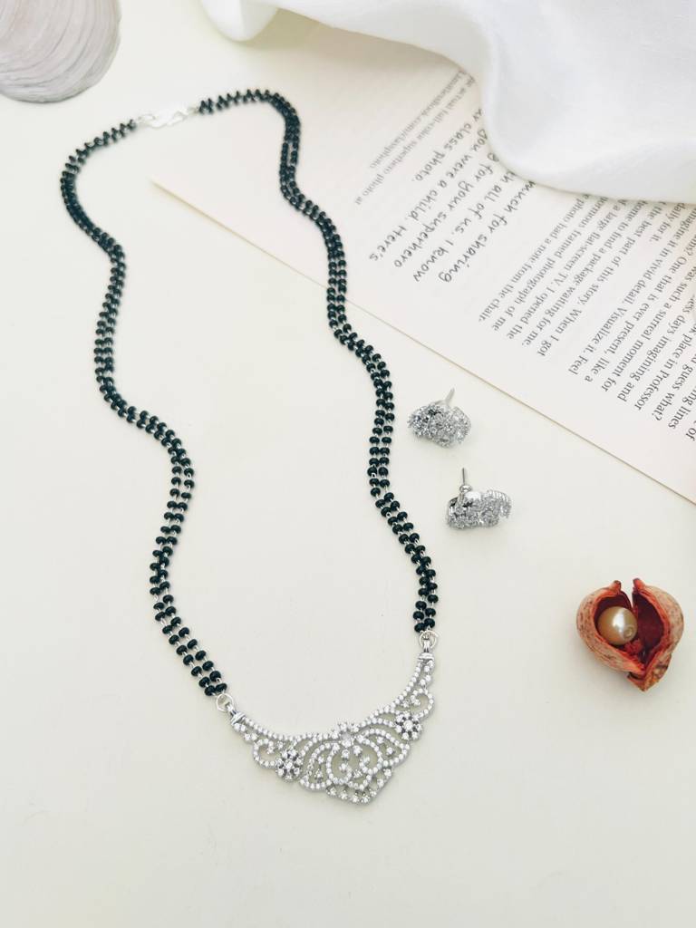 Silver Plated American Diamond Studded & Beaded Mangalsutra Set-Sppjmms18Dsquiggler01 : SPPJMMS18DSquiggleR01
