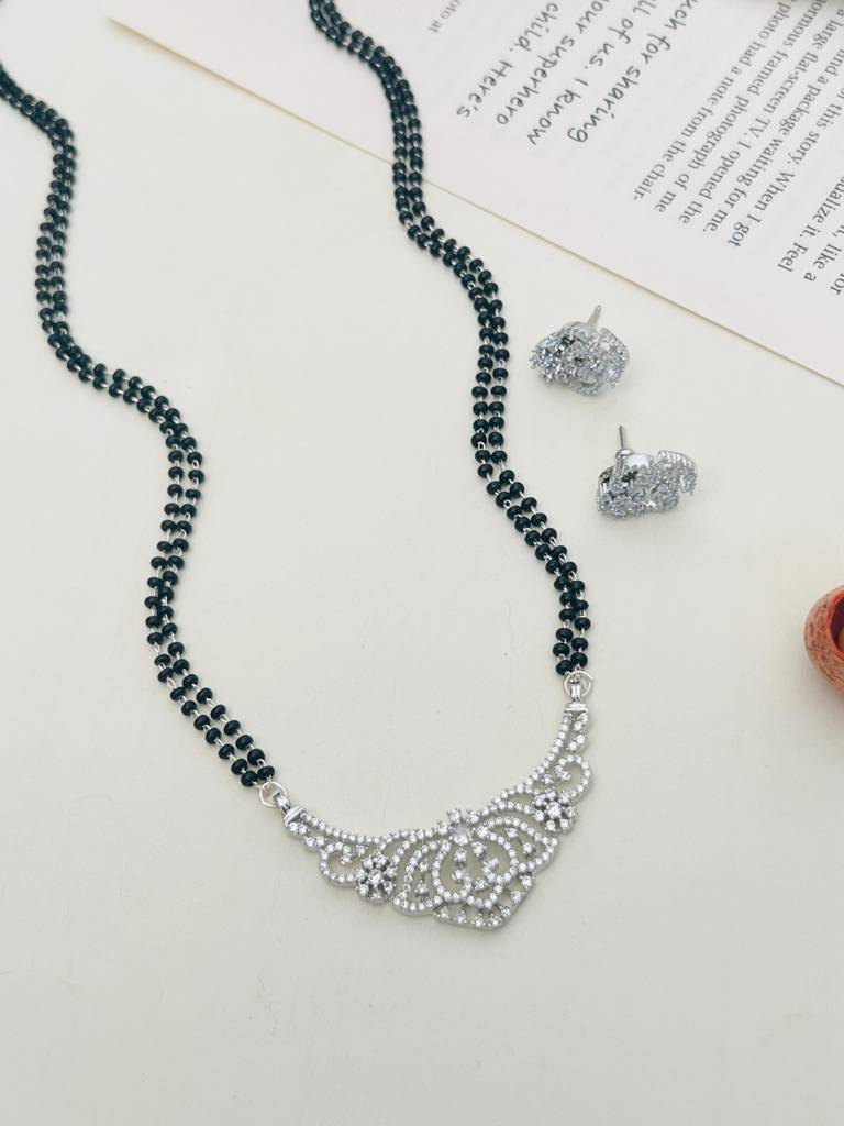 Silver Plated American Diamond Studded & Beaded Mangalsutra Set-Sppjmms18Dsquiggler01 : SPPJMMS18DSquiggleR01