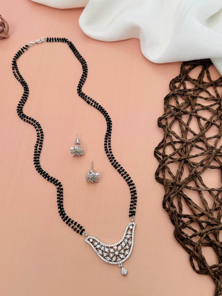 Silver Plated American Diamond Studded & Beaded Mangalsutra Set-Sppjmms18Dtuber01 : SPPJMMS18DTubeR01