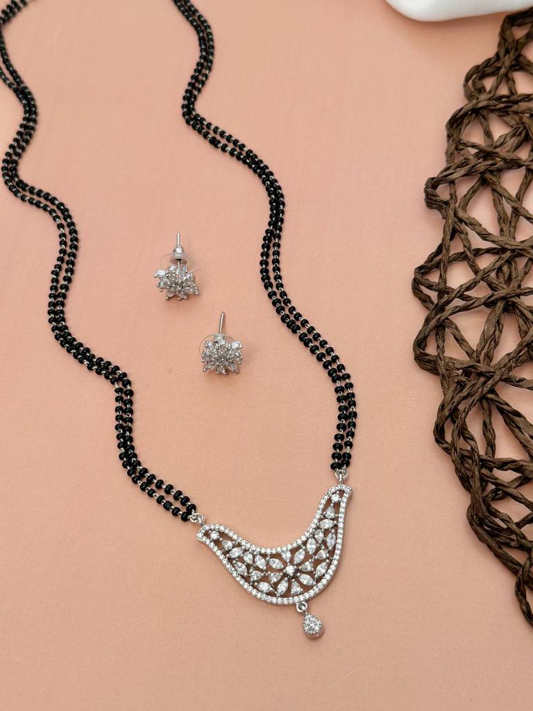 Silver Plated American Diamond Studded & Beaded Mangalsutra Set-Sppjmms18Dtuber01 : SPPJMMS18DTubeR01