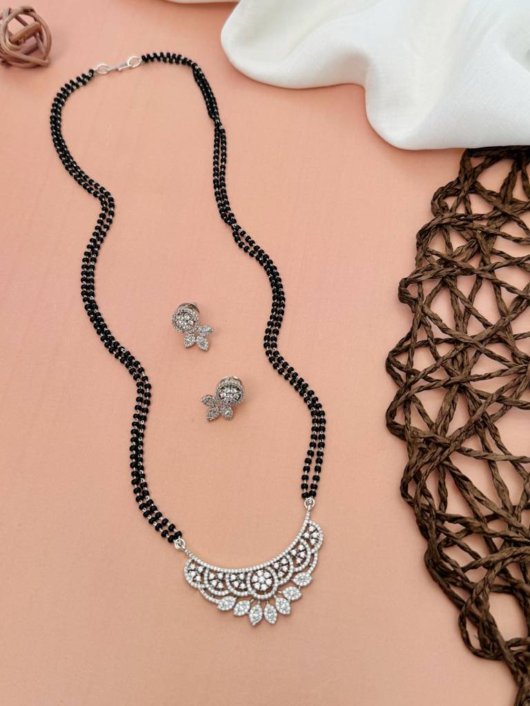 Silver Plated American Diamond Studded & Beaded Mangalsutra Set-Sppjmms18Dvyomr01 : SPPJMMS18DVyomR01